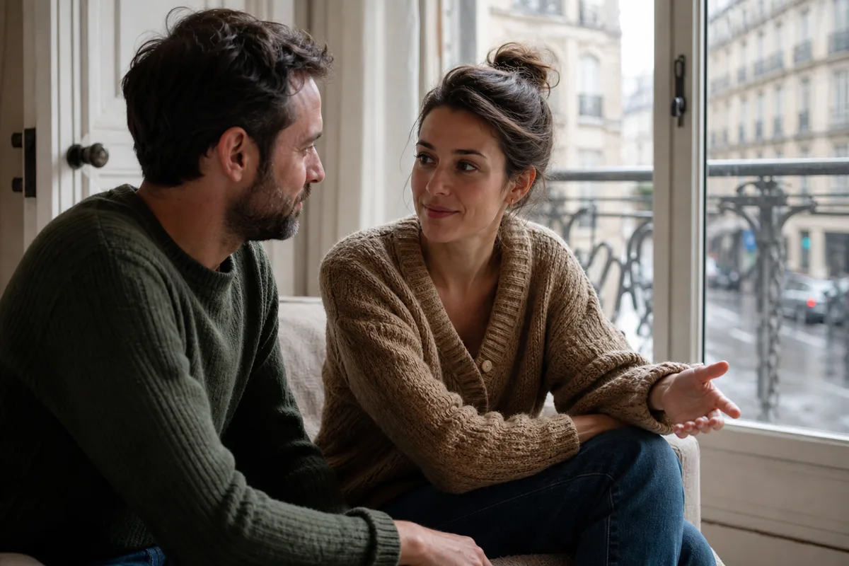 Couple échangeant calmement près d’une fenêtre