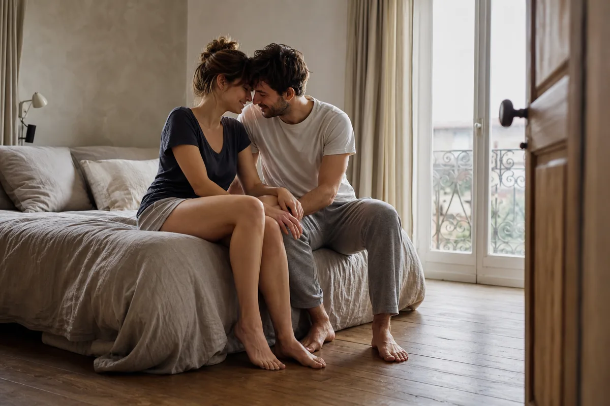 Couple partageant un moment intime dans une chambre