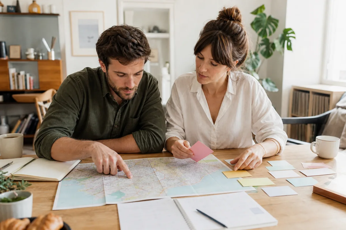 Couple planifiant des projets sur une carte