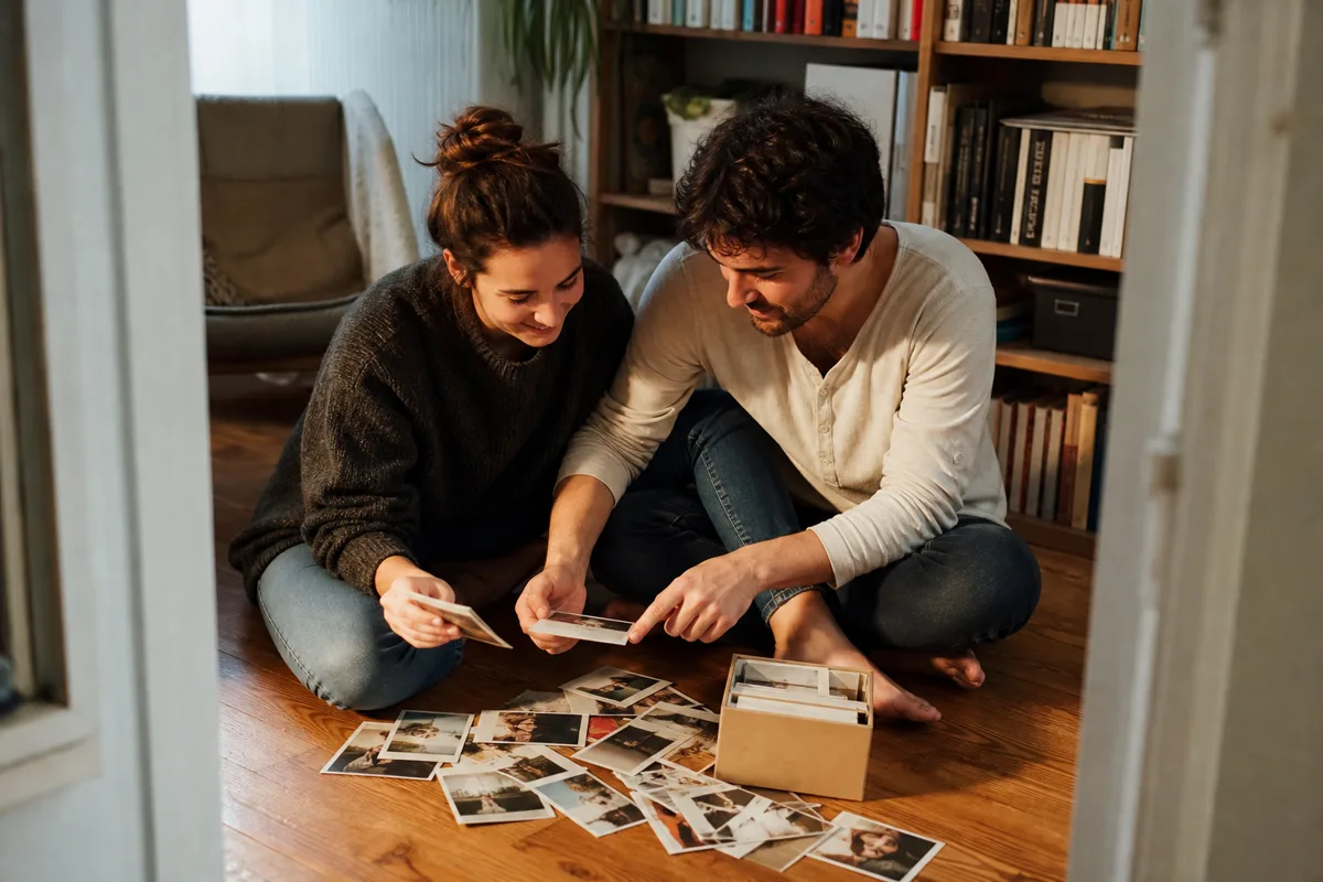 Couple regardant des photos et racontant ses souvenirs