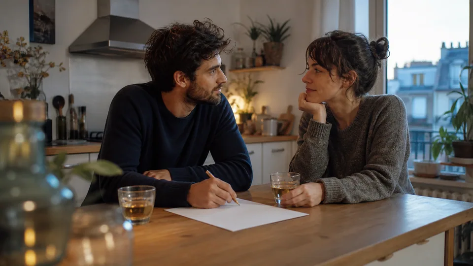 Couple discutant de sa relation autour d’un verre
