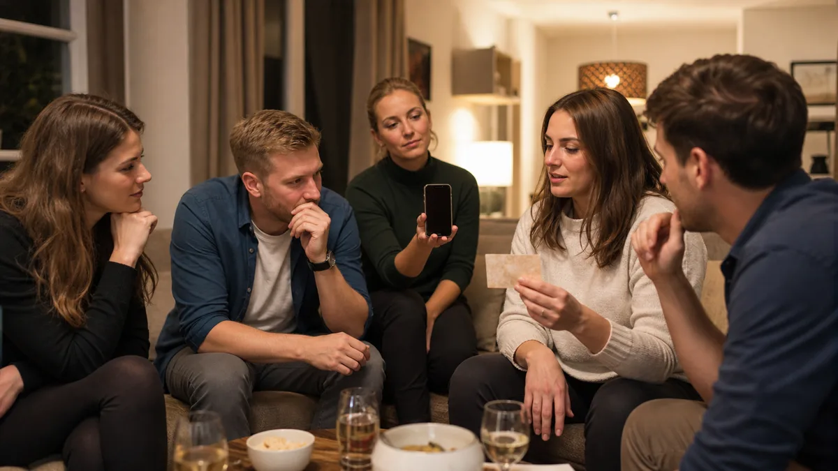 Vrienden luisteren naar een omschrijving bij een zandloper