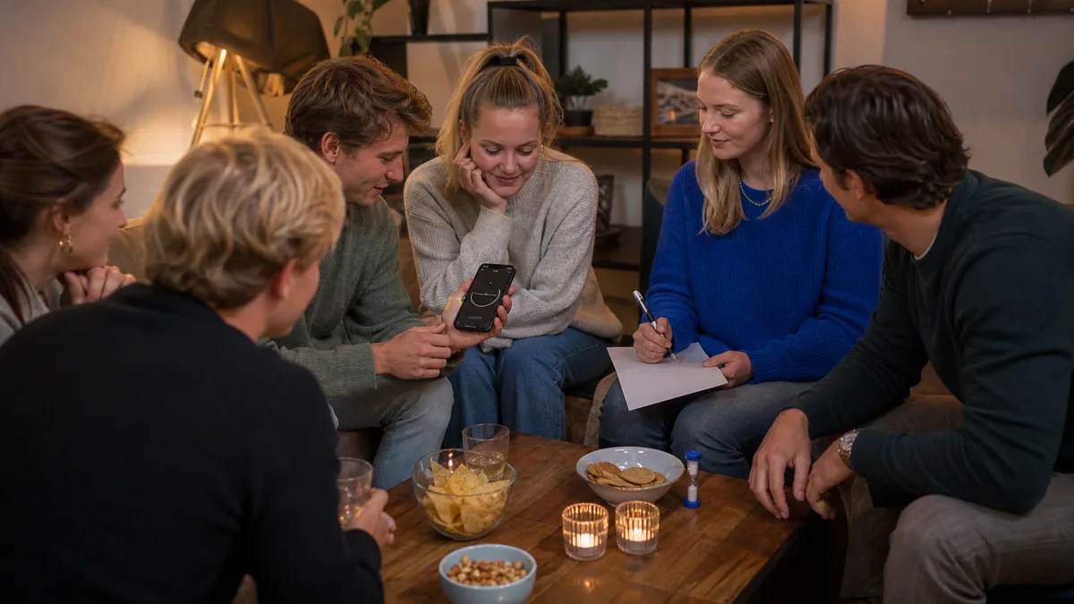 Vrienden controleren de timer en score voor een woordspel