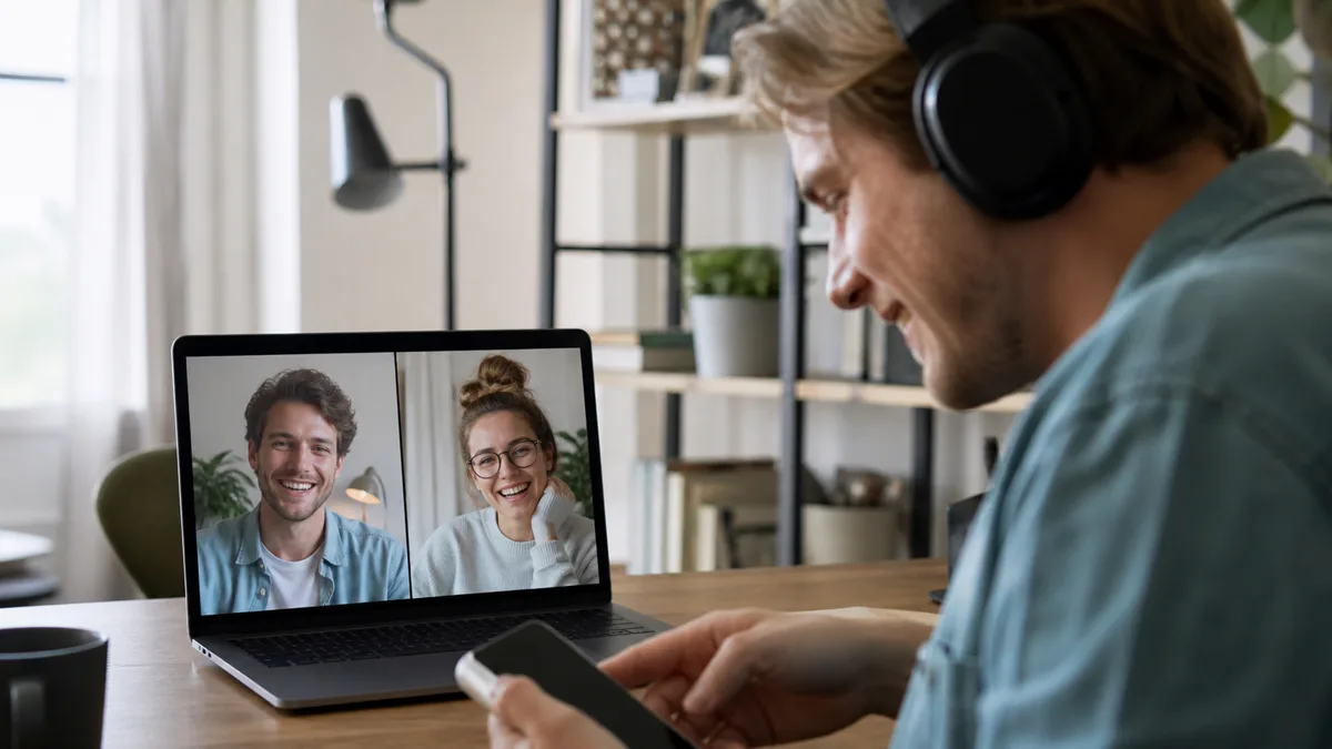 Vrienden spelen een snel online woordspel in een woonkamer