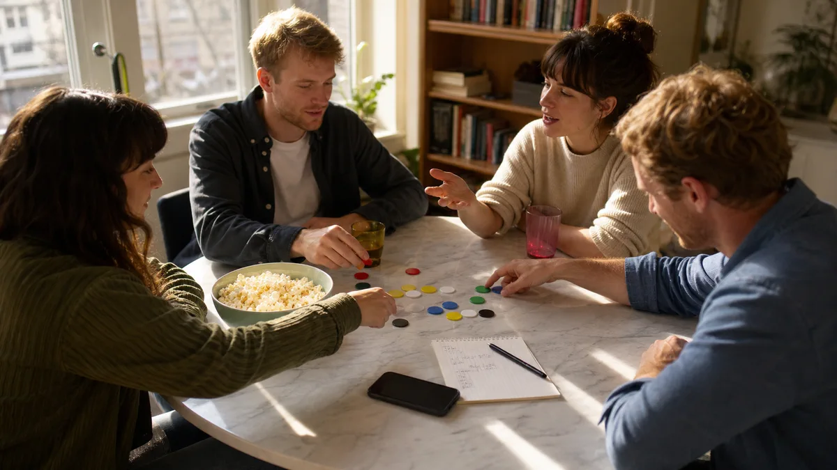 Zwei Freunde hören eine Aufgabenkarte für ein schnelles Gruppenspiel