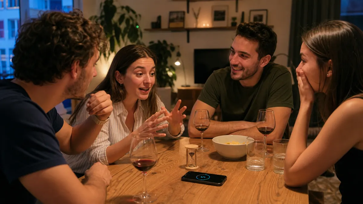Prijatelji igraju brzu igru uz telefon i pješčani sat