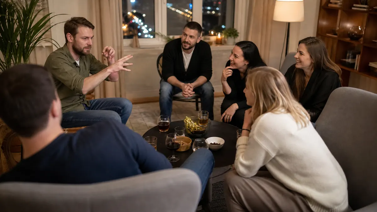 Large group laughing during an energetic word-guessing game