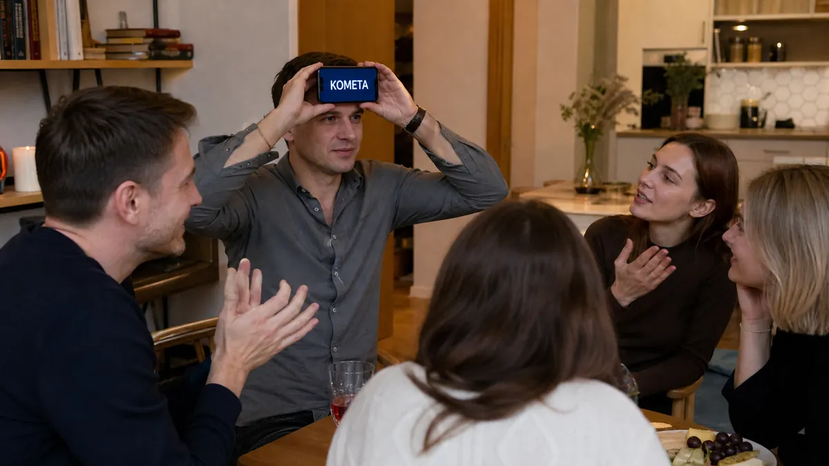 Vrienden spelen samen een woordspel op één telefoon