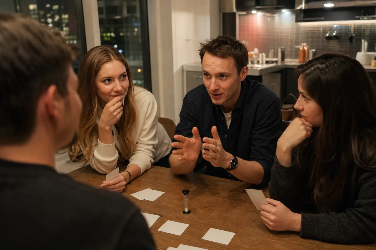 Amis réunis autour d'une table pour un jeu de déduction