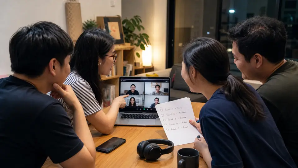 Kelompok teman Indonesia melihat daftar ronde kuis di laptop