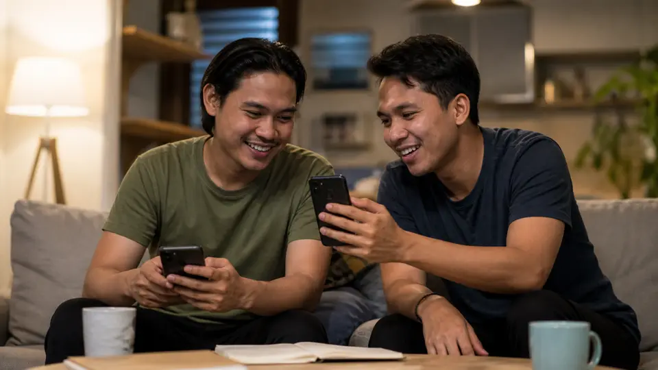 Dua teman Indonesia menyusun pertanyaan kuis di ponsel