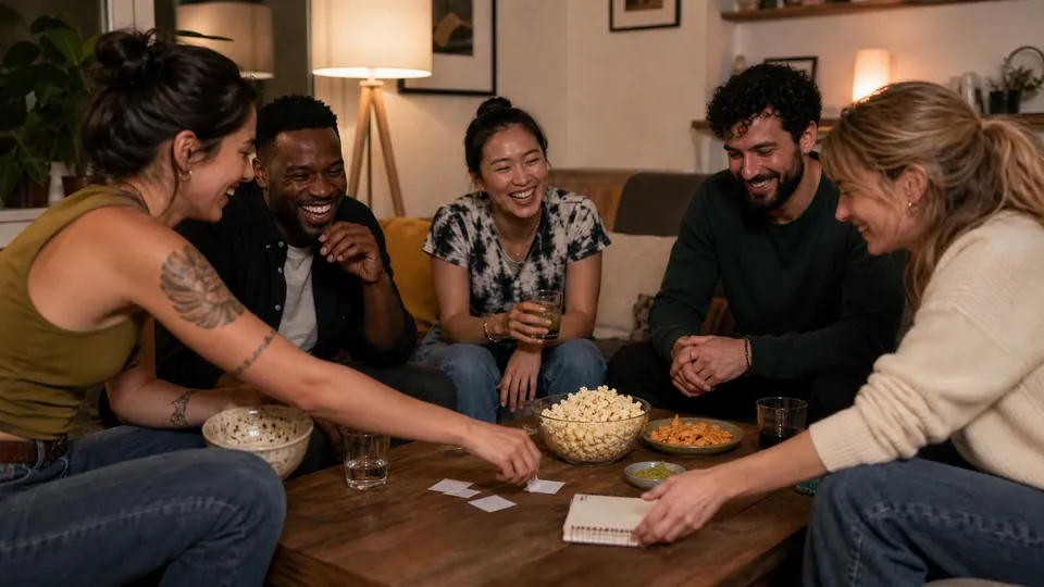 Friends laughing together while collecting vote slips at game night
