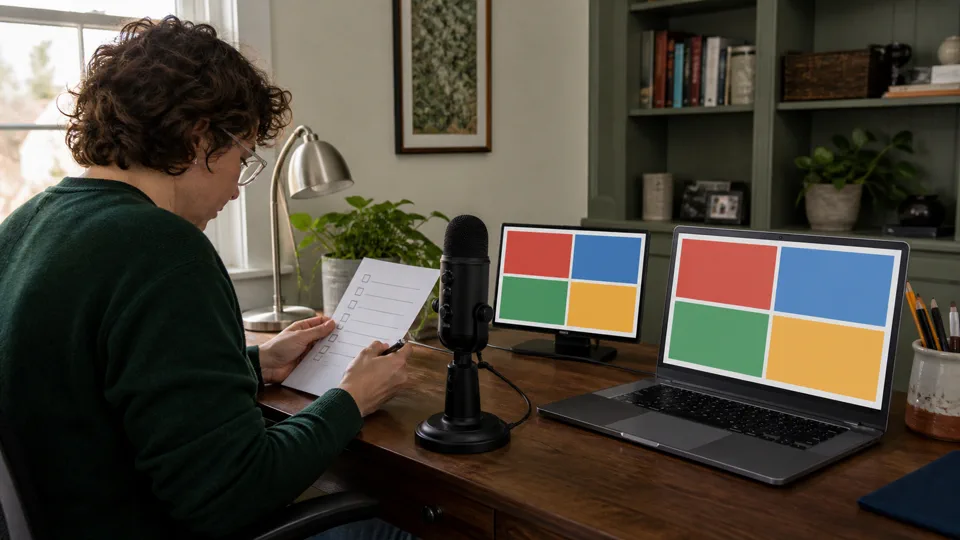 A host preparing a video-call quiz with a checklist and microphone