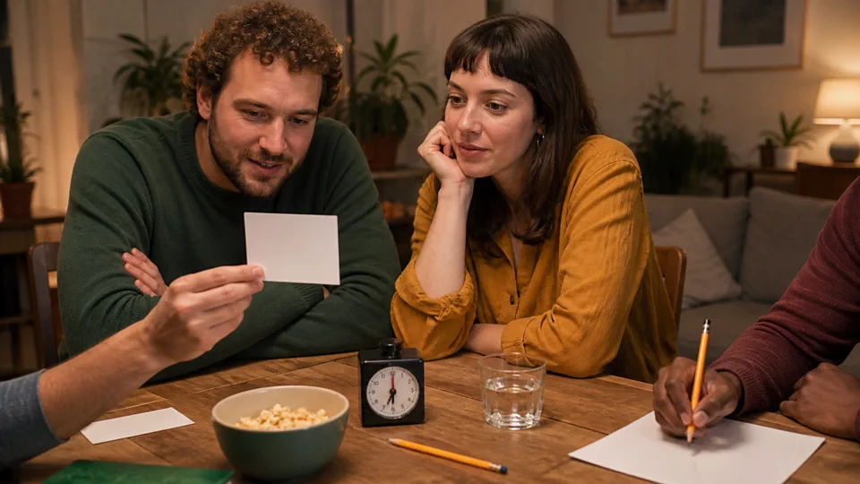 Friends reading a trivia card and writing guesses at a table