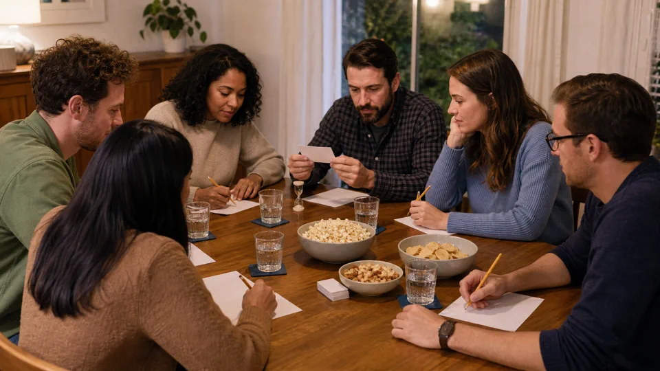 Friends taking part in a relaxed home trivia round