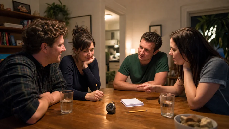 Four friends discussing a trivia prompt around a table
