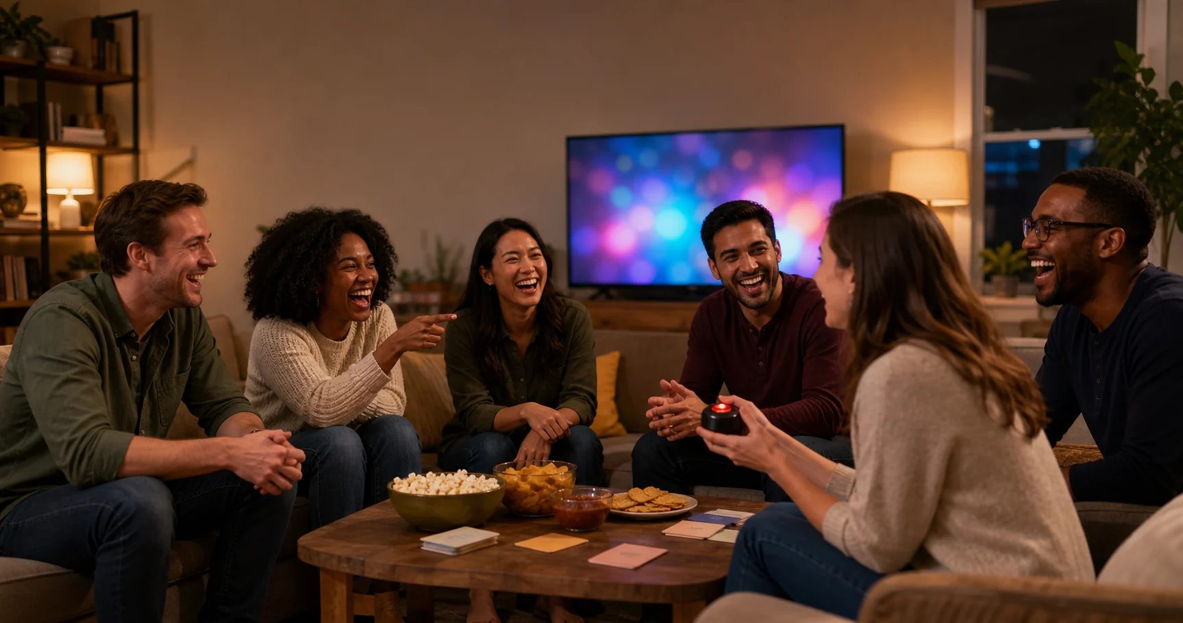 Friends playing a survey-style party game at home