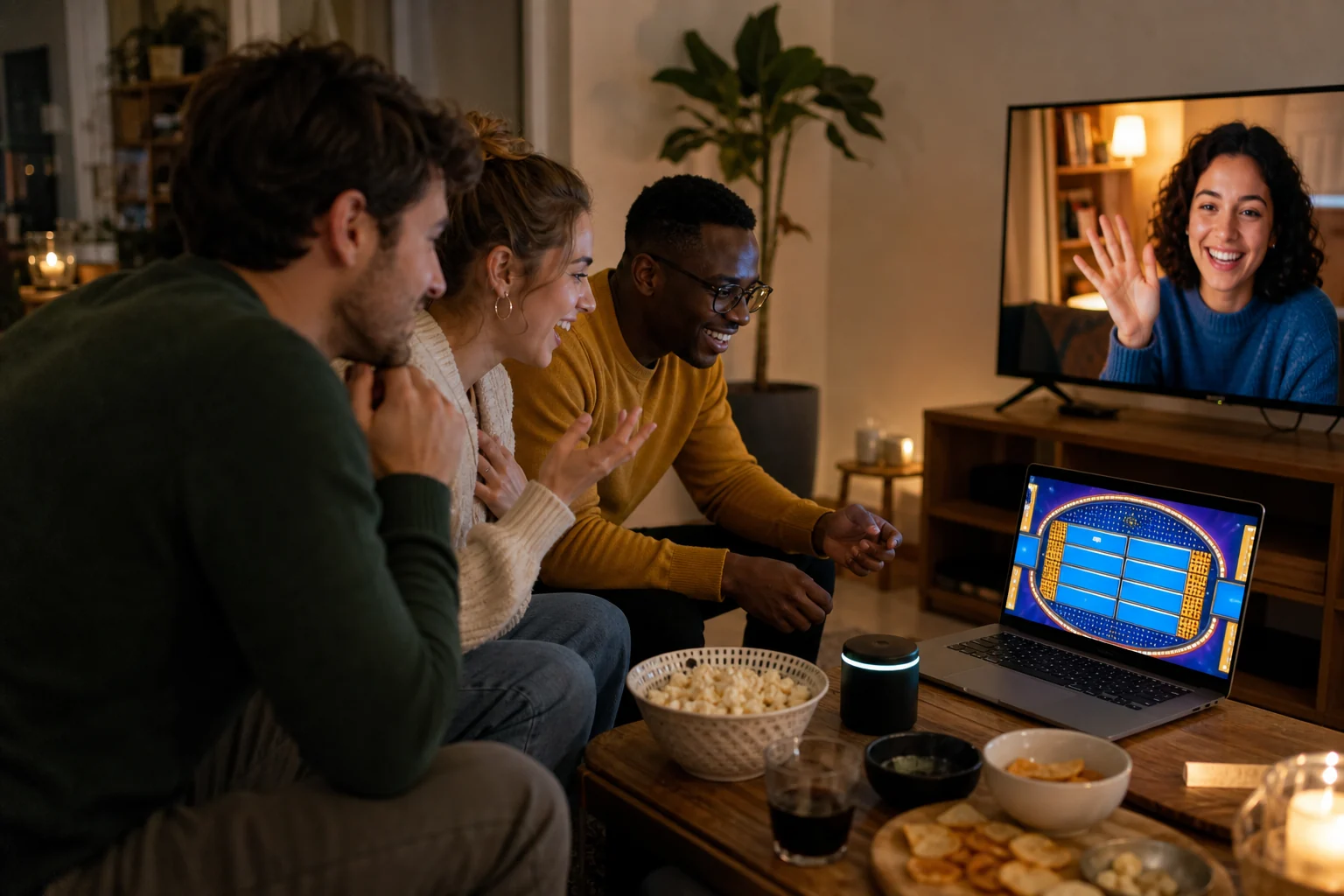 Friends joining a remote survey-style game from a living room