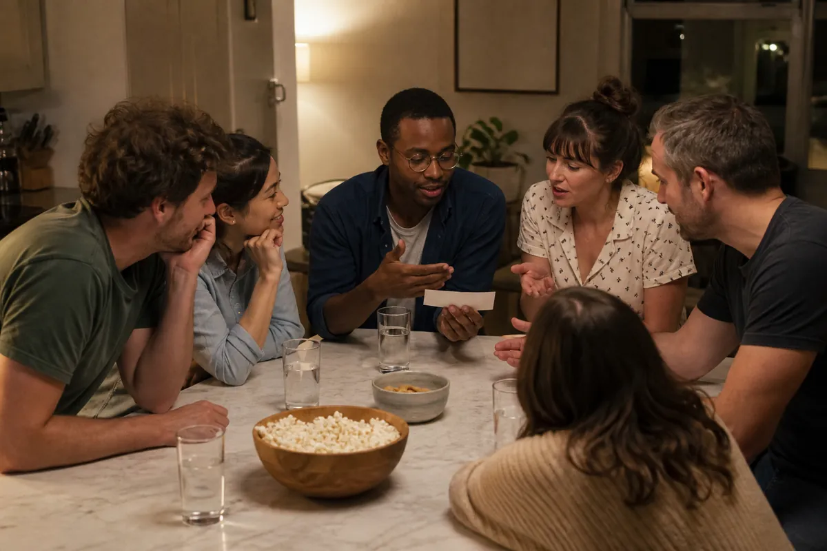 Friends debating a trivia question during an evening game night
