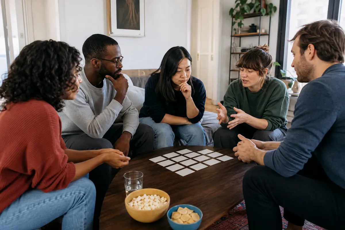 Friends discussing clues around a coffee table