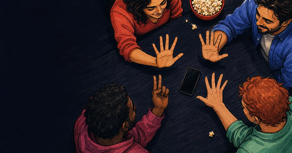 Friends raise five fingers around a phone while playing Never Have I Ever