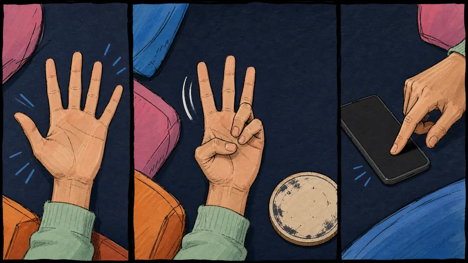 Five raised fingers illustrate the rules of Never Have I Ever