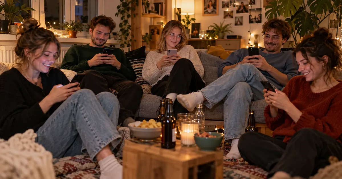 Freunde auf dem Sofa wählen jeweils auf dem eigenen Handy