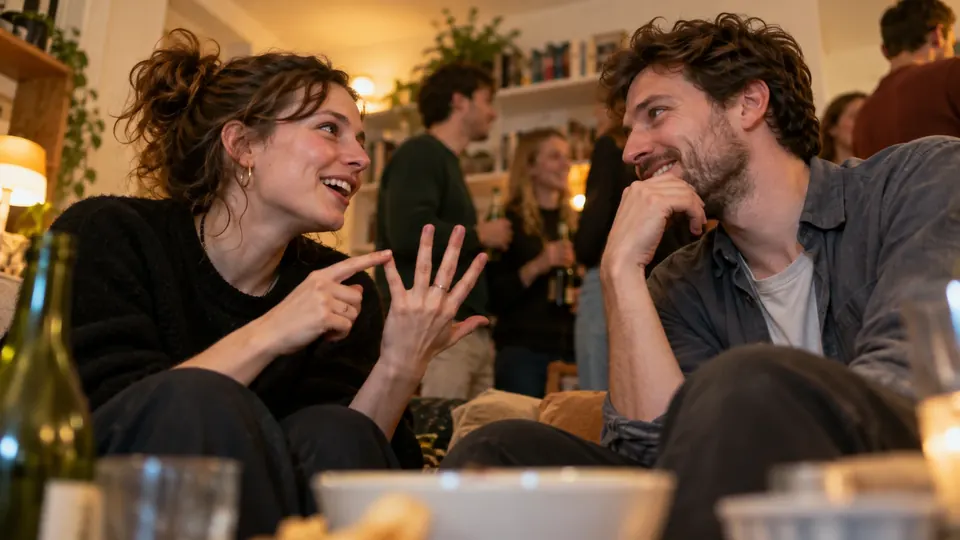 Zwei Freunde lachen und streiten über ein Dilemma