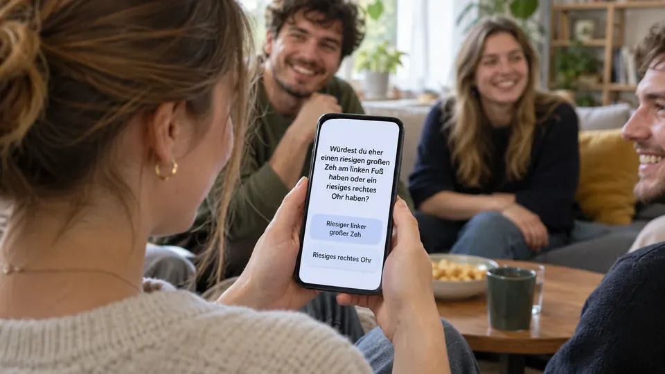 Ein Handy zeigt eine Würdest-du-eher-Frage mit zwei Antwortknöpfen