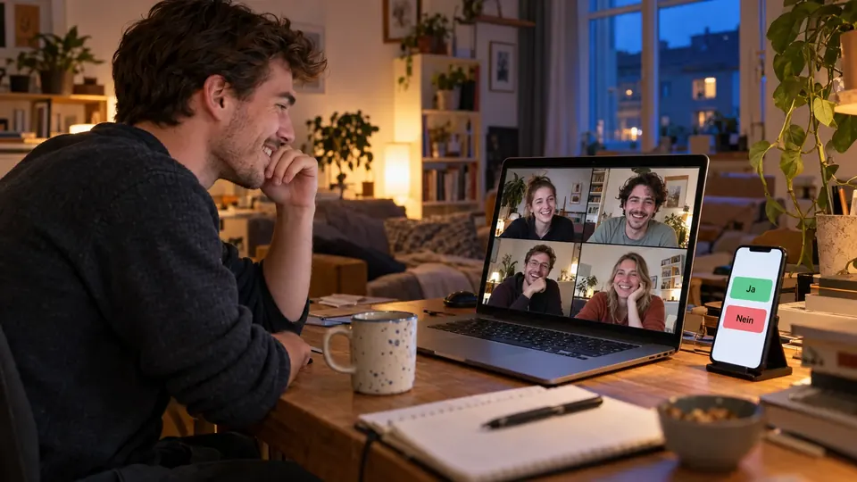 Spielen per Videocall: Freunde auf dem Laptop, Antworten auf dem Handy