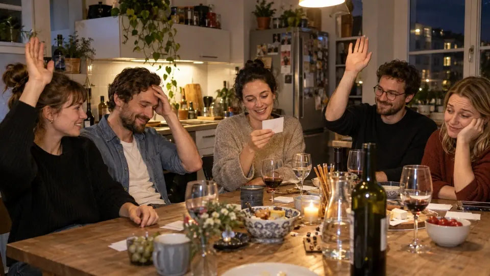 Freunde in der Küche heben nach einer absurden Frage die Hand