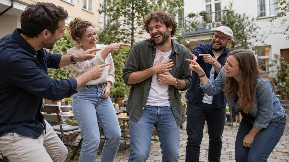Freunde lachen und zeigen auf einen Spieler