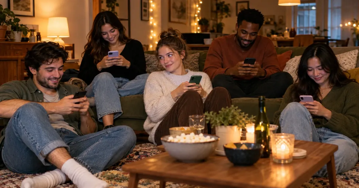 Friends on a sofa each pick an answer on their own phone