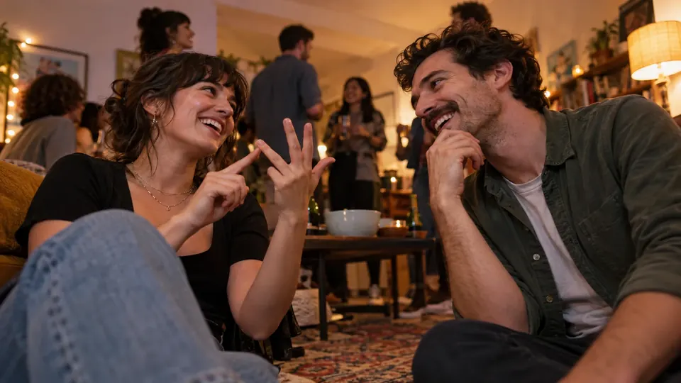 Two friends laugh and argue over a dilemma