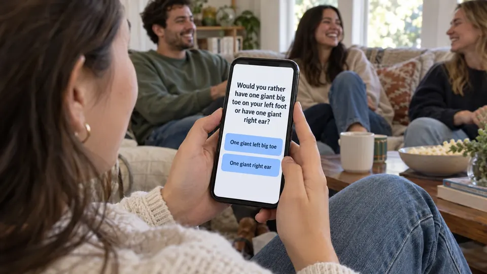 A phone screen shows a Would You Rather question with two answer buttons