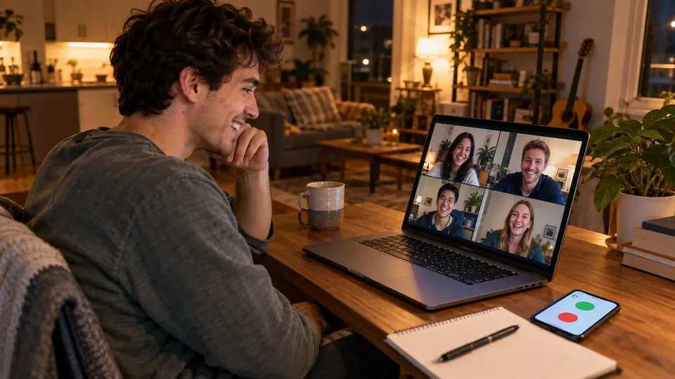 Playing on a video call: friends on a laptop screen, answers on a phone