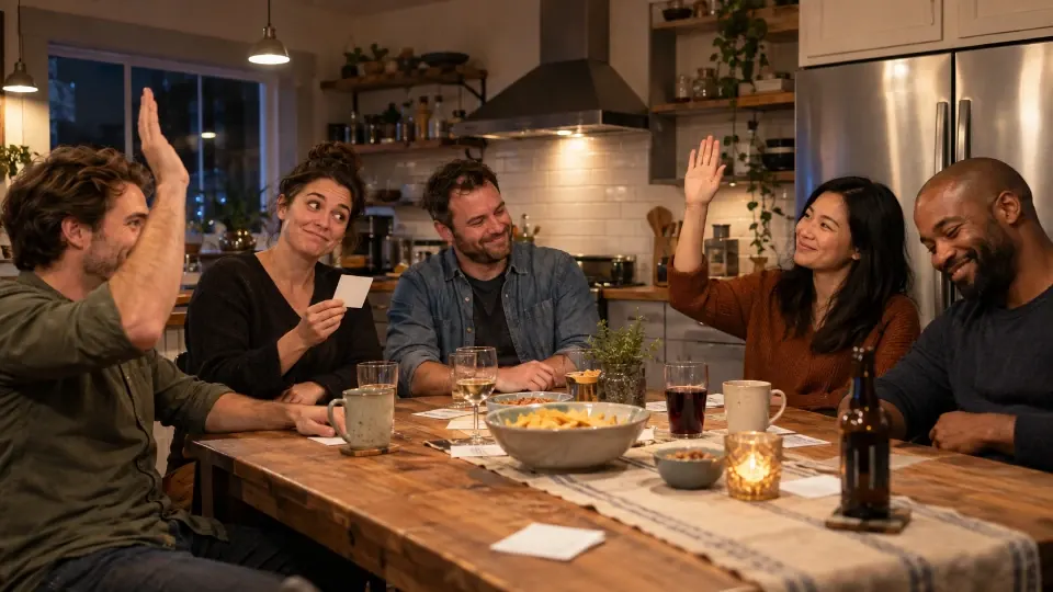 Friends at a kitchen table raise hands after an absurd question