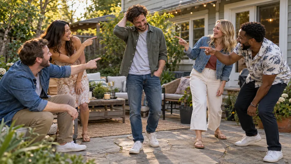 Friends laugh and point at one player