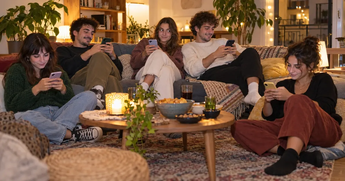 Amigos en el sofá eligen cada uno en su propio móvil
