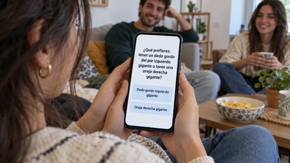 La pantalla del móvil muestra una pregunta de ¿Qué prefieres? con dos botones