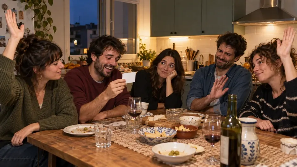 Amigos en la cocina levantan la mano tras una pregunta absurda