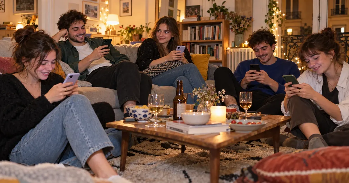 Des amis sur le canapé choisissent chacun sur leur téléphone