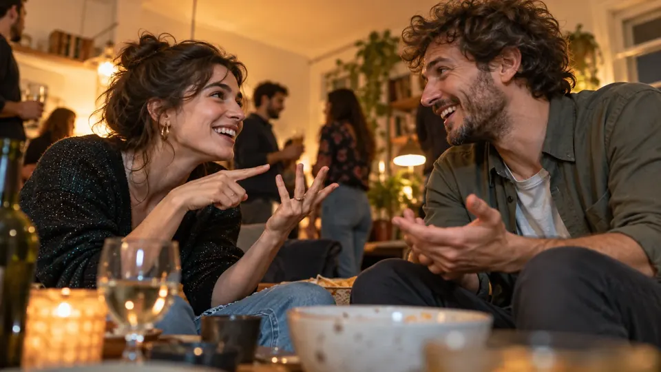 Deux amis rient et débattent d’un dilemme