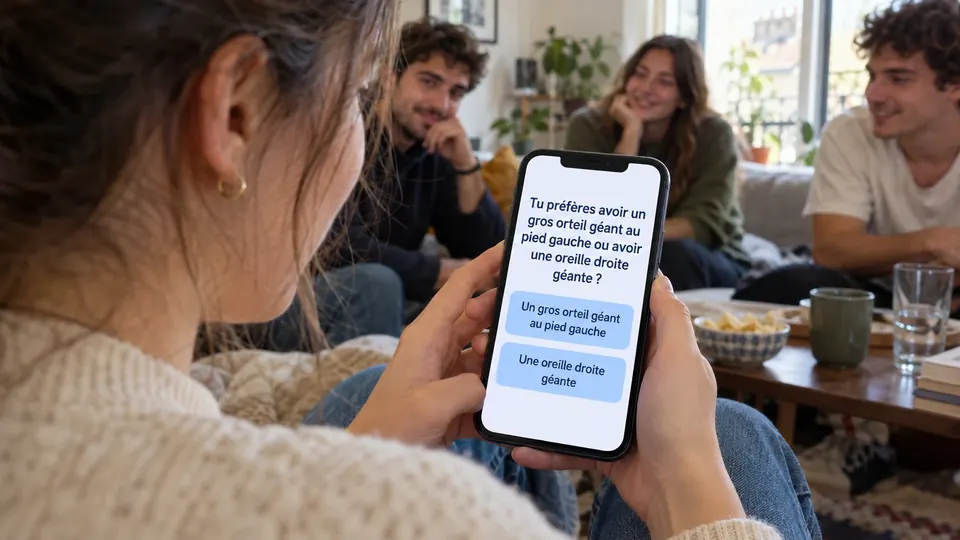 Un téléphone affiche une question Tu préfères avec deux boutons