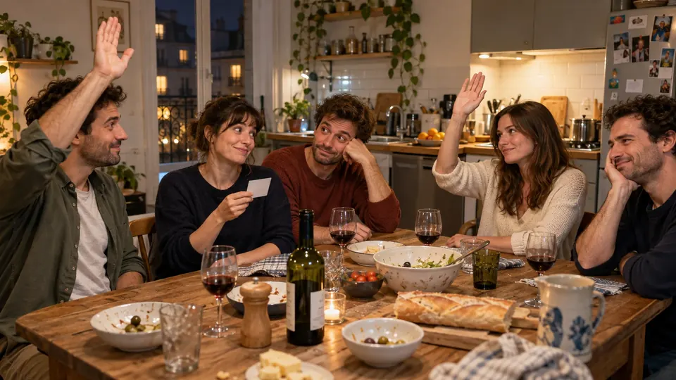 Des amis dans la cuisine lèvent la main après une question absurde