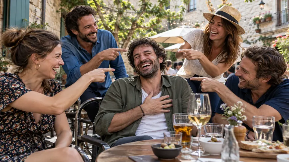 Des amis rient et montrent un joueur du doigt