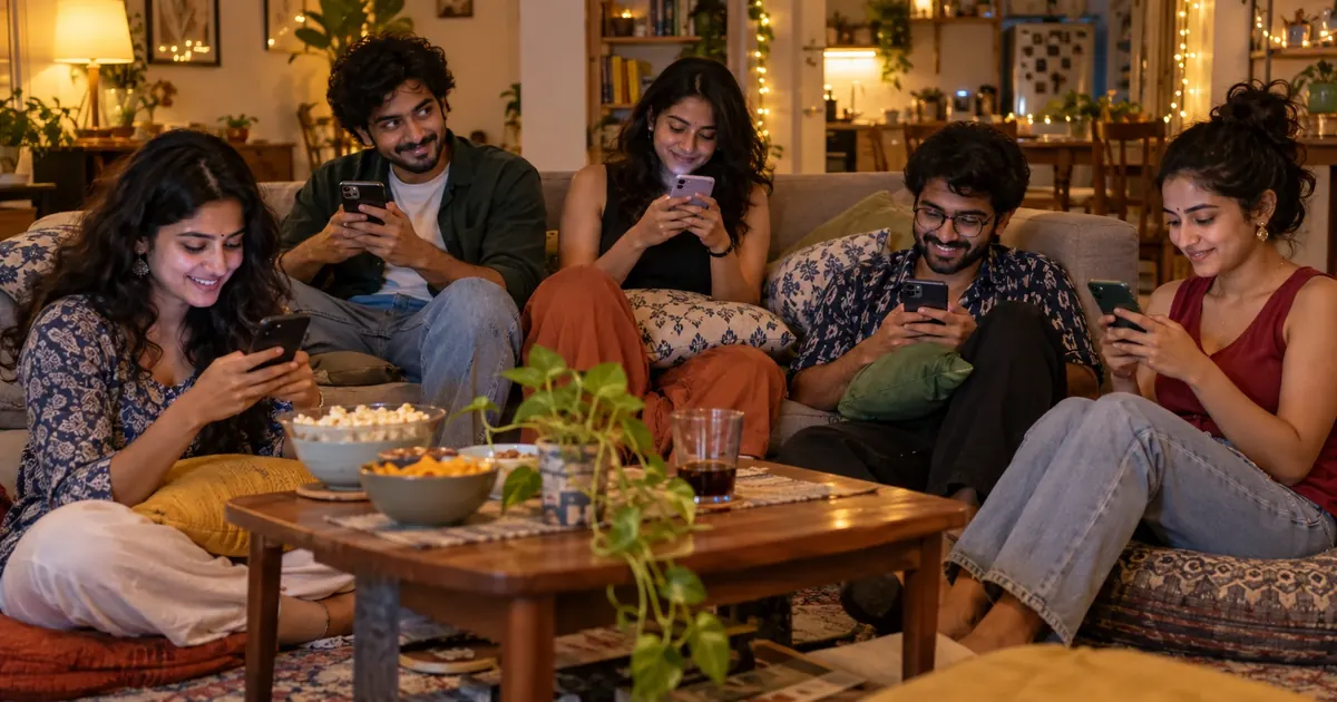 सोफ़े पर दोस्त अपने-अपने फ़ोन पर जवाब चुन रहे हैं