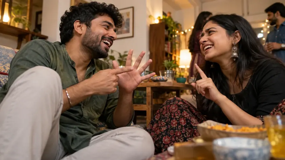 दो दोस्त हँसते हुए एक दुविधा पर बहस कर रहे हैं