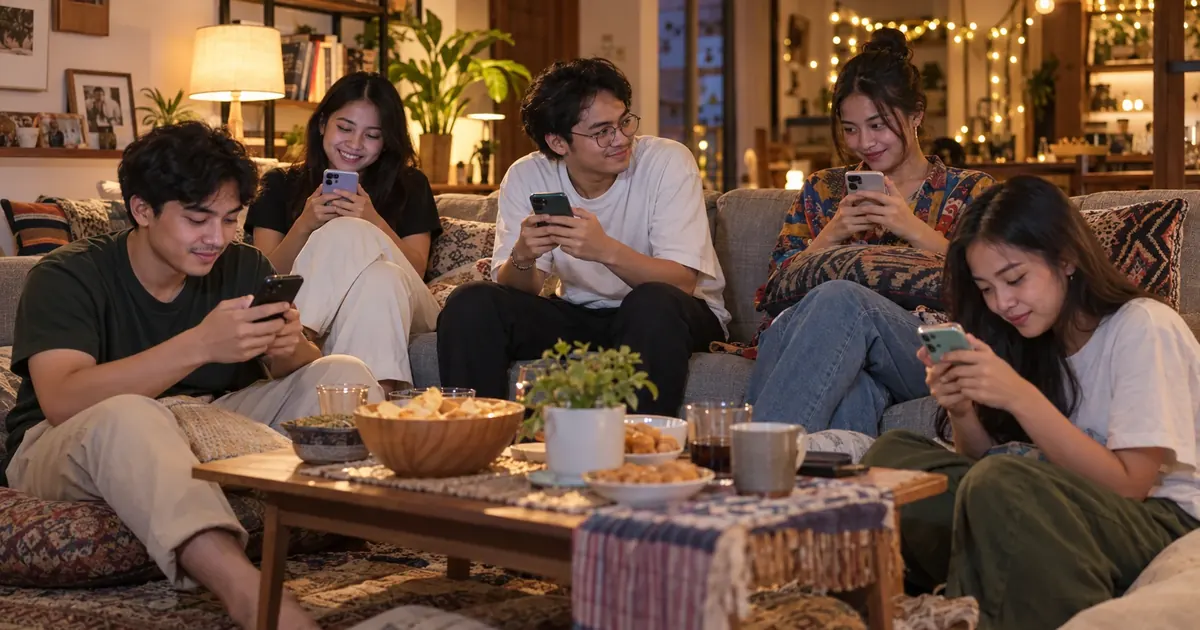 Teman-teman di sofa memilih di HP masing-masing