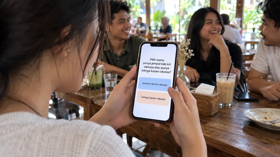 Layar HP menampilkan pertanyaan Pilih Mana dengan dua tombol jawaban